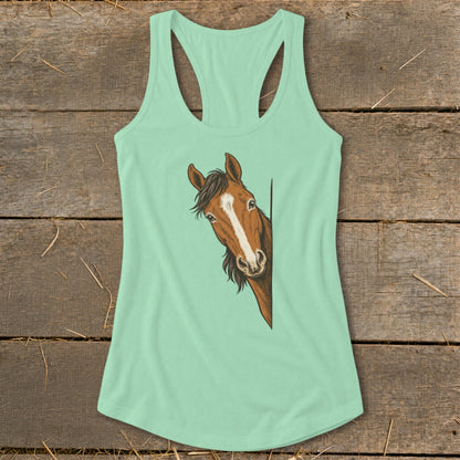 Mint green tank top with a horse's head peeking from the side.