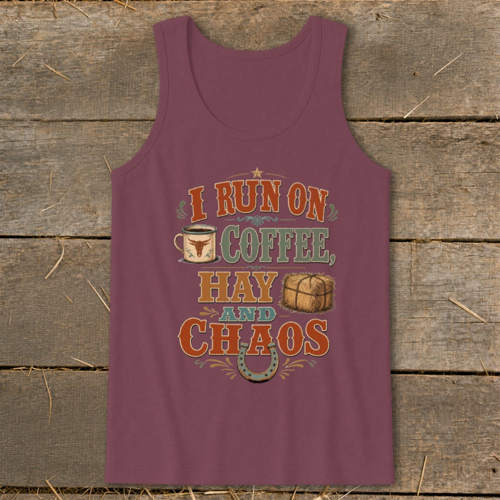 Burgundy tank top with text "I run on coffee, hay and chaos" and graphics.