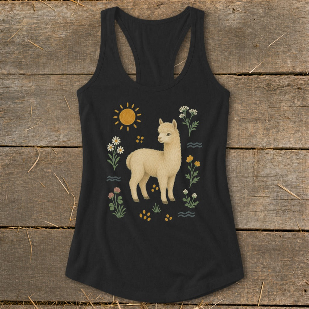 Black tank top with a cream alpaca graphic, sun, and flowers.
