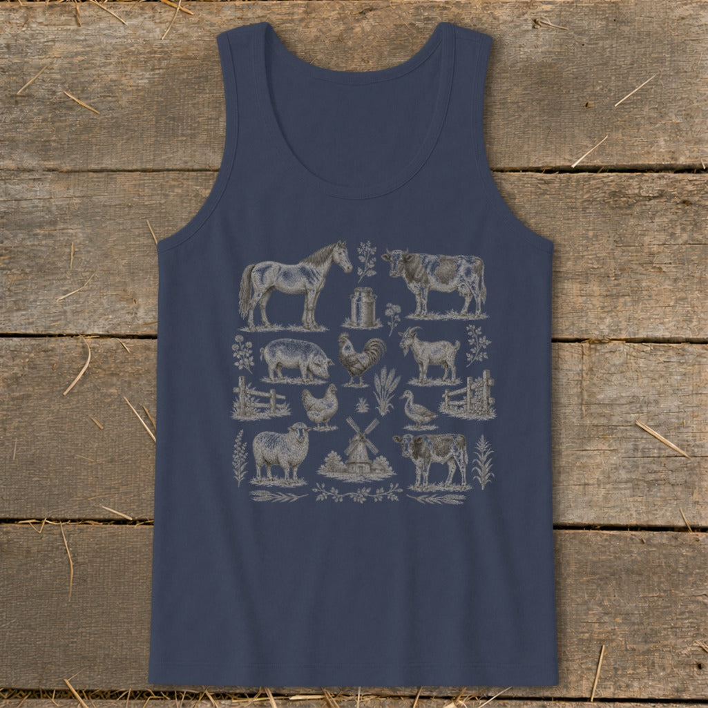 Dark blue tank top with a distressed graphic of farm animals and a windmill.