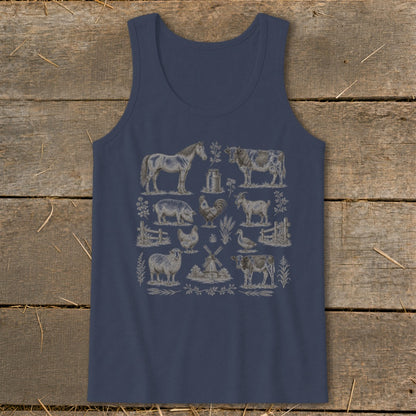 Dark blue tank top with a distressed graphic of farm animals and a windmill.
