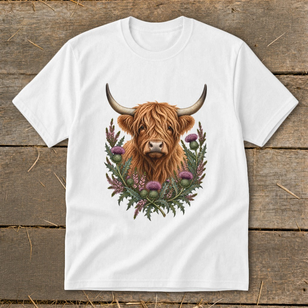 White t-shirt featuring a Highland cow illustration surrounded by thistles.