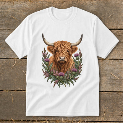 White t-shirt featuring a Highland cow illustration surrounded by thistles.