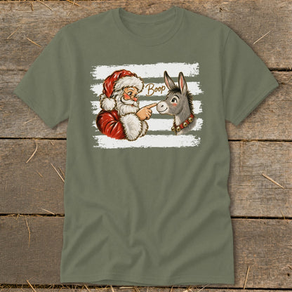 Santa booping a donkey's nose with "Boop" text.