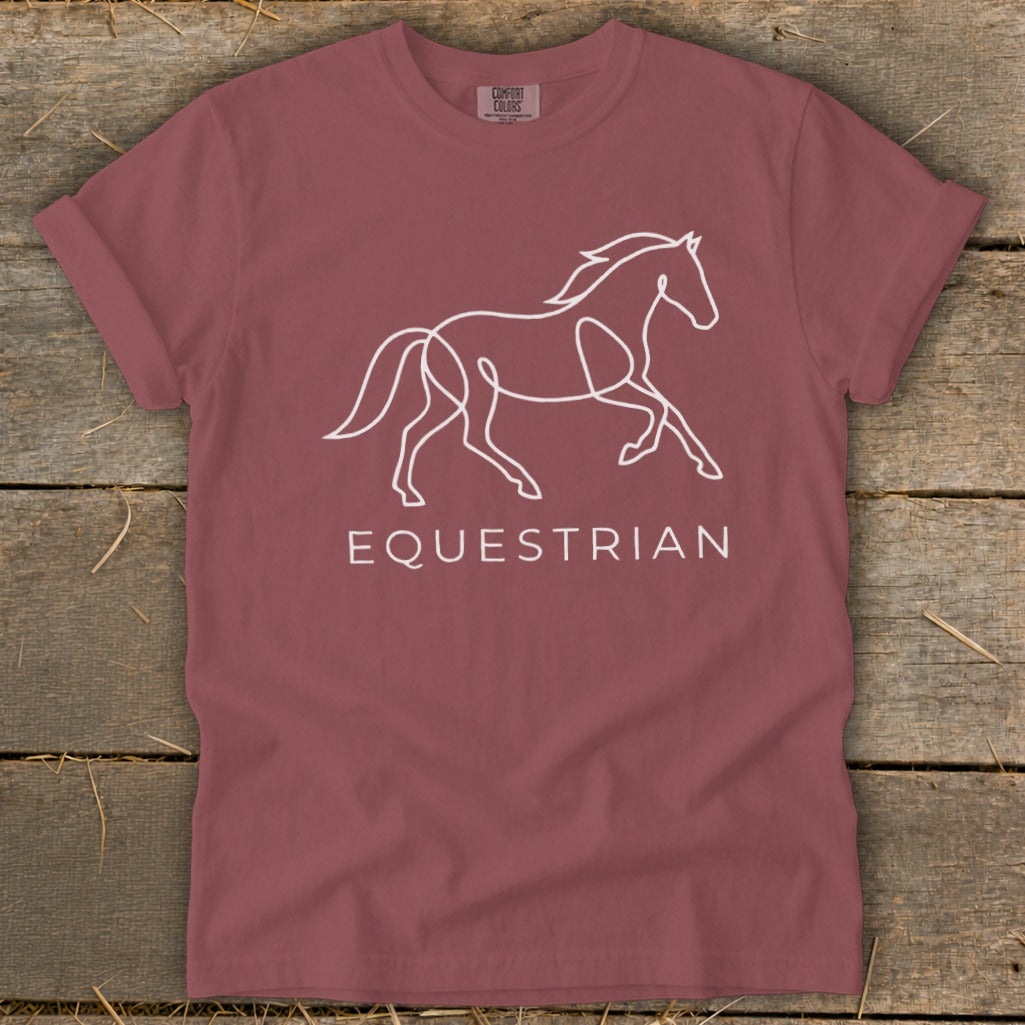 Maroon t-shirt with white line art horse graphic and "EQUESTRIAN" text.