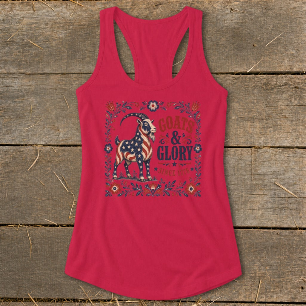 Red tank top with a goat wearing an American flag pattern and the text "GOATS & GLORY SINCE 1776."