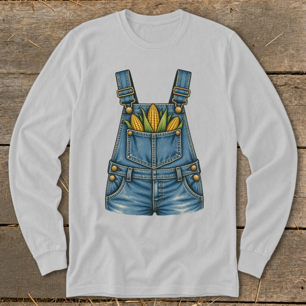 Long-sleeve shirt with a denim overall graphic featuring three ears of corn.
