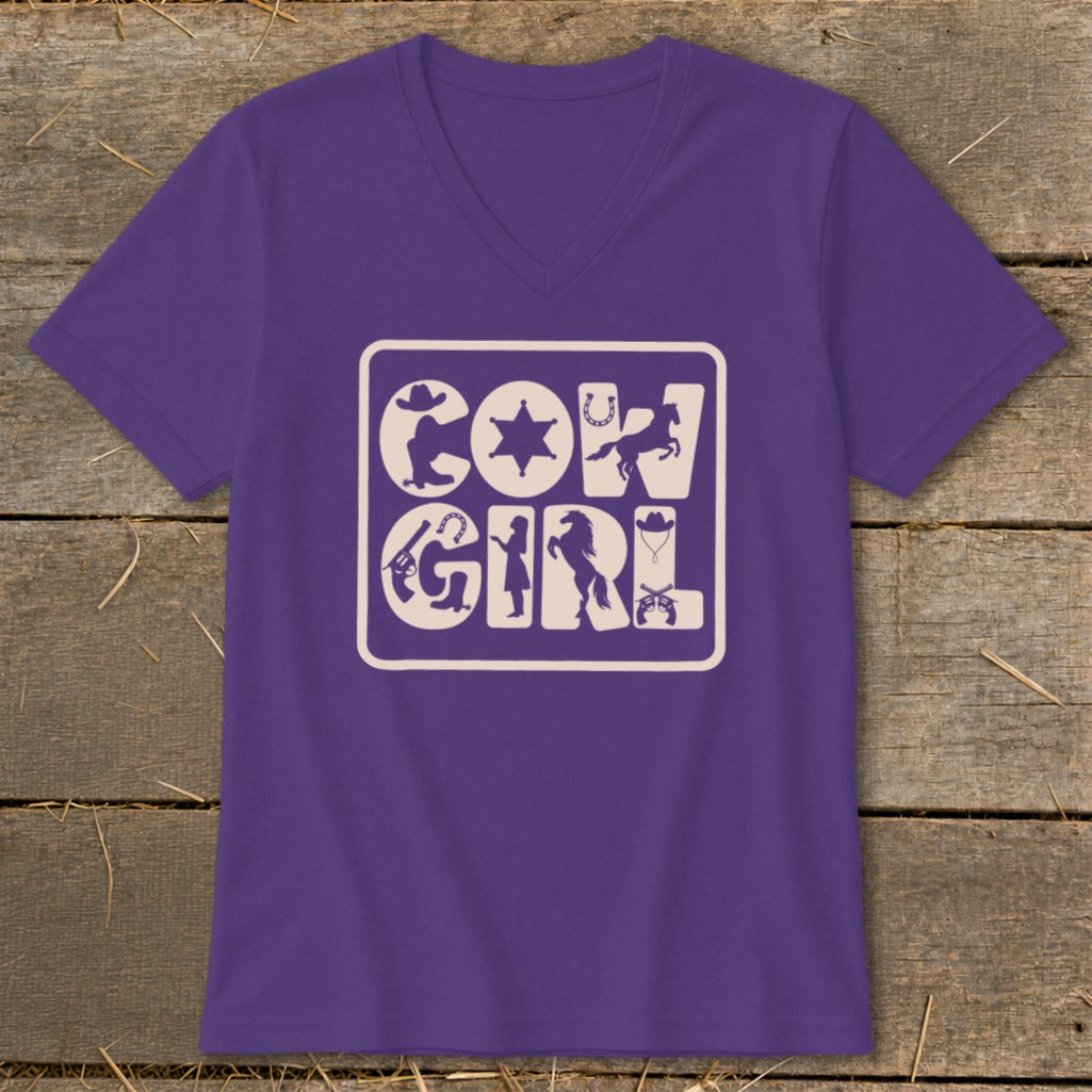 Purple v-neck shirt with "Cow Girl" text and western-themed graphics.