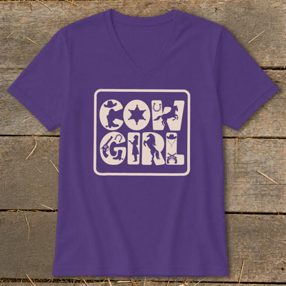 Purple v-neck shirt with "Cow Girl" text and western-themed graphics.