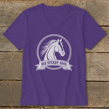 Purple v-neck t-shirt with white horse graphic and "His Steady Soul" text.