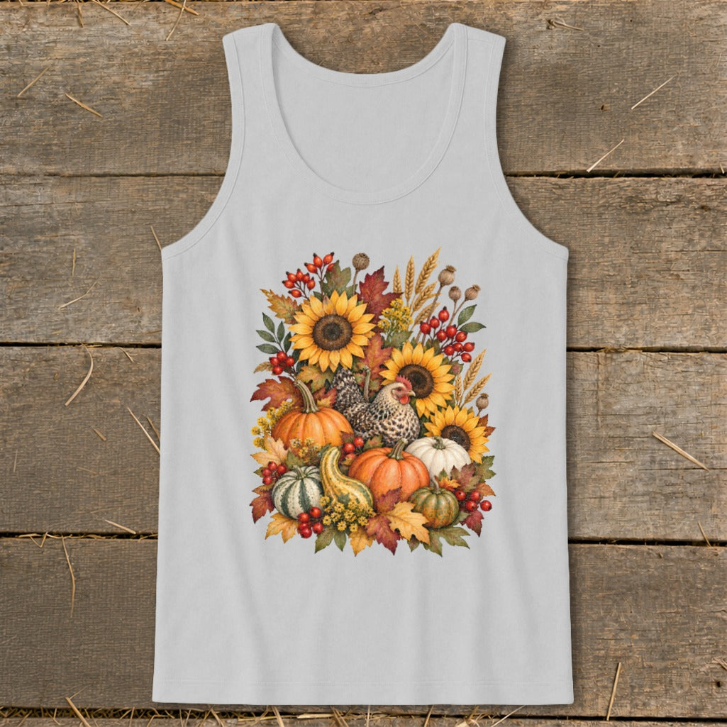 Light gray tank top with a watercolor illustration of sunflowers, pumpkins, gourds, berries, and a chicken.