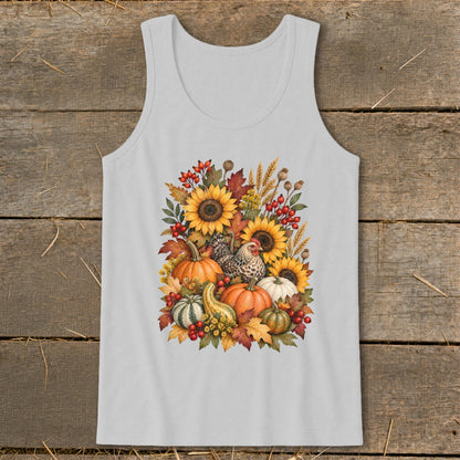 Light gray tank top with a watercolor illustration of sunflowers, pumpkins, gourds, berries, and a chicken.