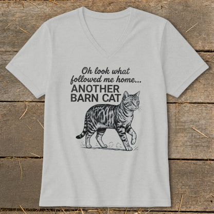 Gray t-shirt with drawing of tabby cat and text "Oh look what followed me home... ANOTHER BARN CAT".