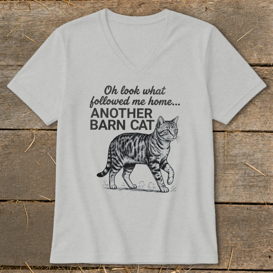 Gray t-shirt with drawing of tabby cat and text "Oh look what followed me home... ANOTHER BARN CAT".