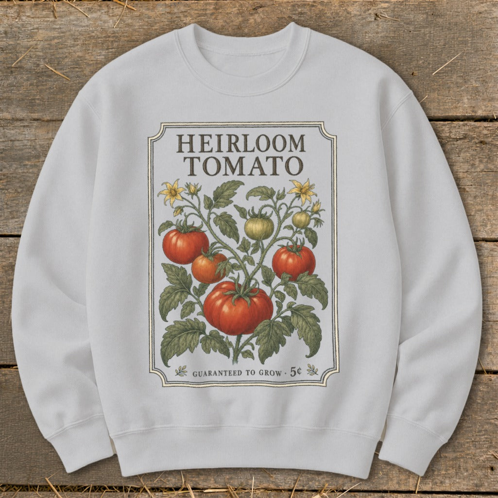 Light gray sweatshirt with heirloom tomato illustration and text.