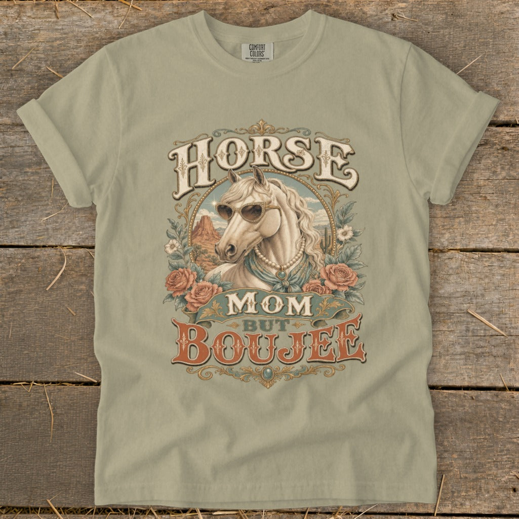 Tan t-shirt with a vintage graphic of a horse wearing sunglasses with the text "HORSE MOM BUT BOUJEE".