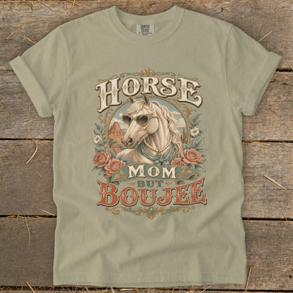 Tan t-shirt with a vintage graphic of a horse wearing sunglasses with the text "HORSE MOM BUT BOUJEE".