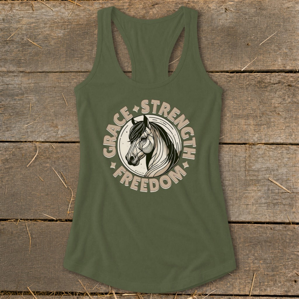 Olive green tank top with circular horse graphic and text "Grace Strength Freedom".