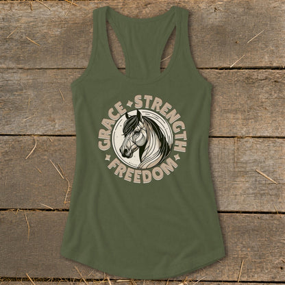 Olive green tank top with circular horse graphic and text "Grace Strength Freedom".