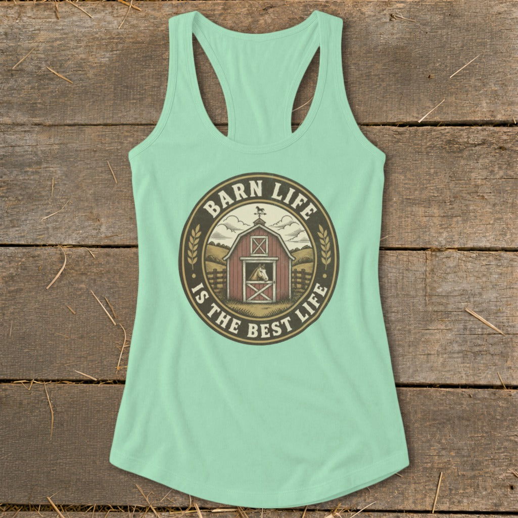 Mint green tank top with a circular graphic of a barn and horse.