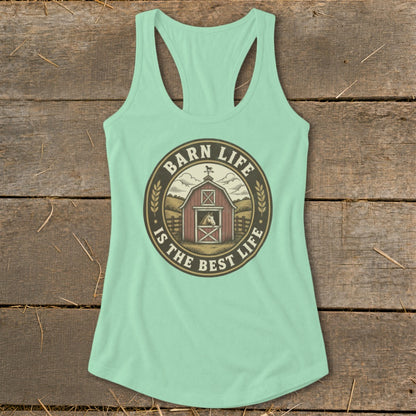Mint green tank top with a circular graphic of a barn and horse.