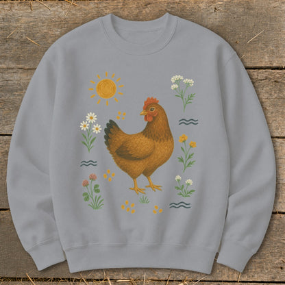 Gray sweatshirt with a brown hen, sun, and wildflowers illustration.