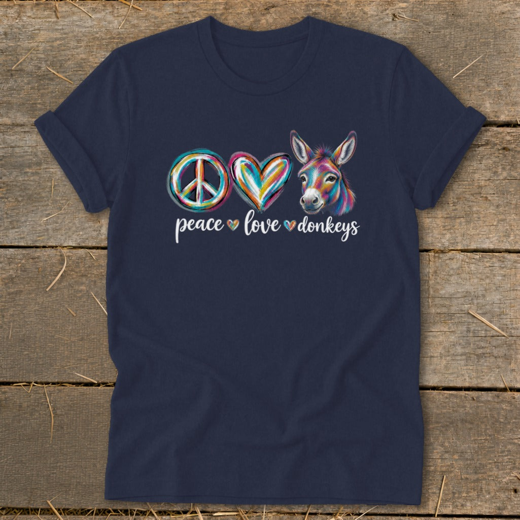 Navy t-shirt with peace sign, heart, and donkey graphic and text "peace love donkeys".