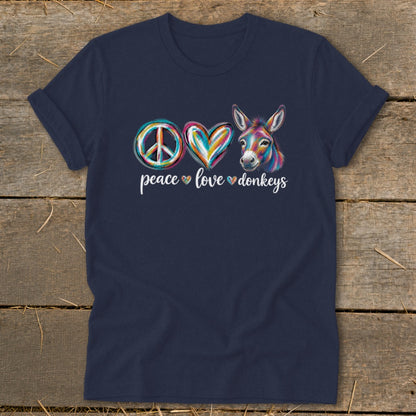 Navy t-shirt with peace sign, heart, and donkey graphic and text "peace love donkeys".