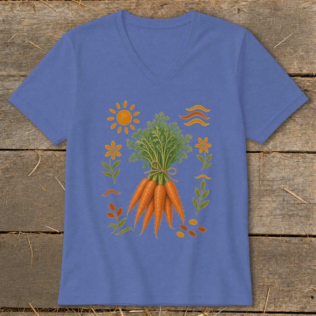 Blue v-neck t-shirt with a bunch of carrots, sun, and floral illustrations.