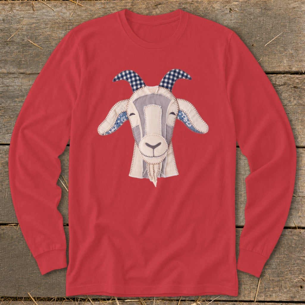 Red long-sleeve shirt featuring a patchwork goat face graphic with blue gingham horns.