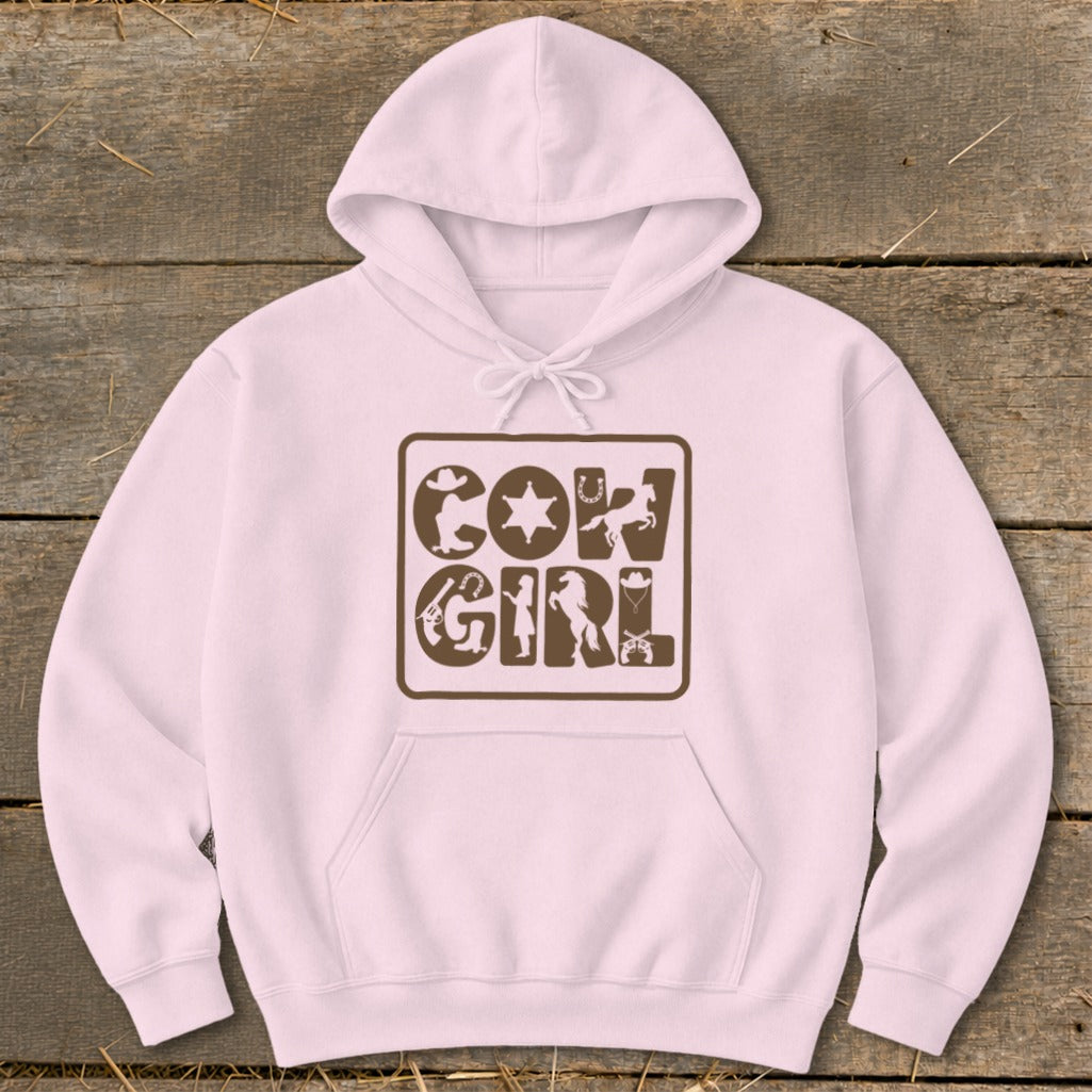 Pink hoodie with brown "Cowgirl" text featuring western-themed silhouettes.