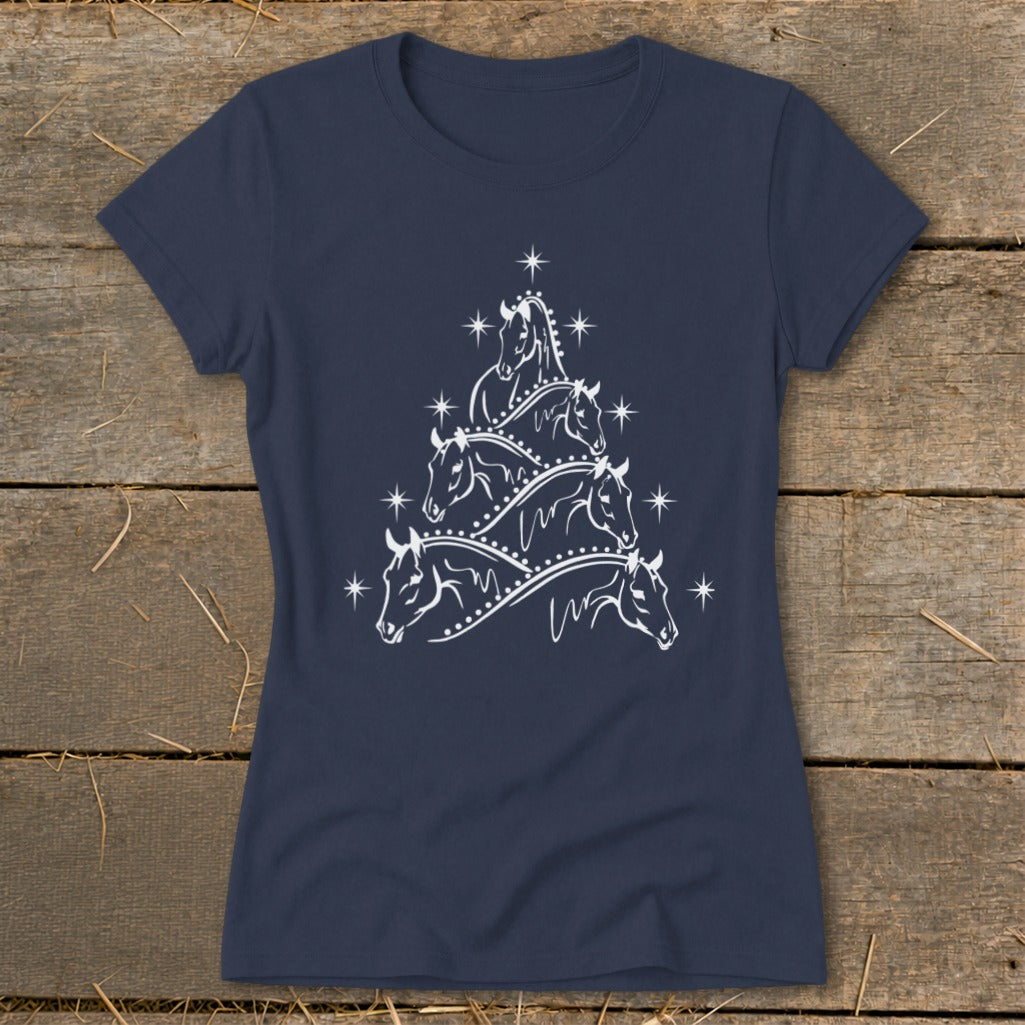 Navy t-shirt with white horse heads arranged in a Christmas tree shape.