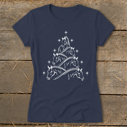 Navy t-shirt with white horse heads arranged in a Christmas tree shape.