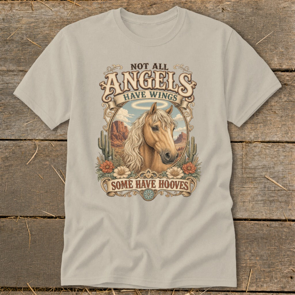 T-shirt with "Not all angels have wings, some have hooves" text and horse illustration.