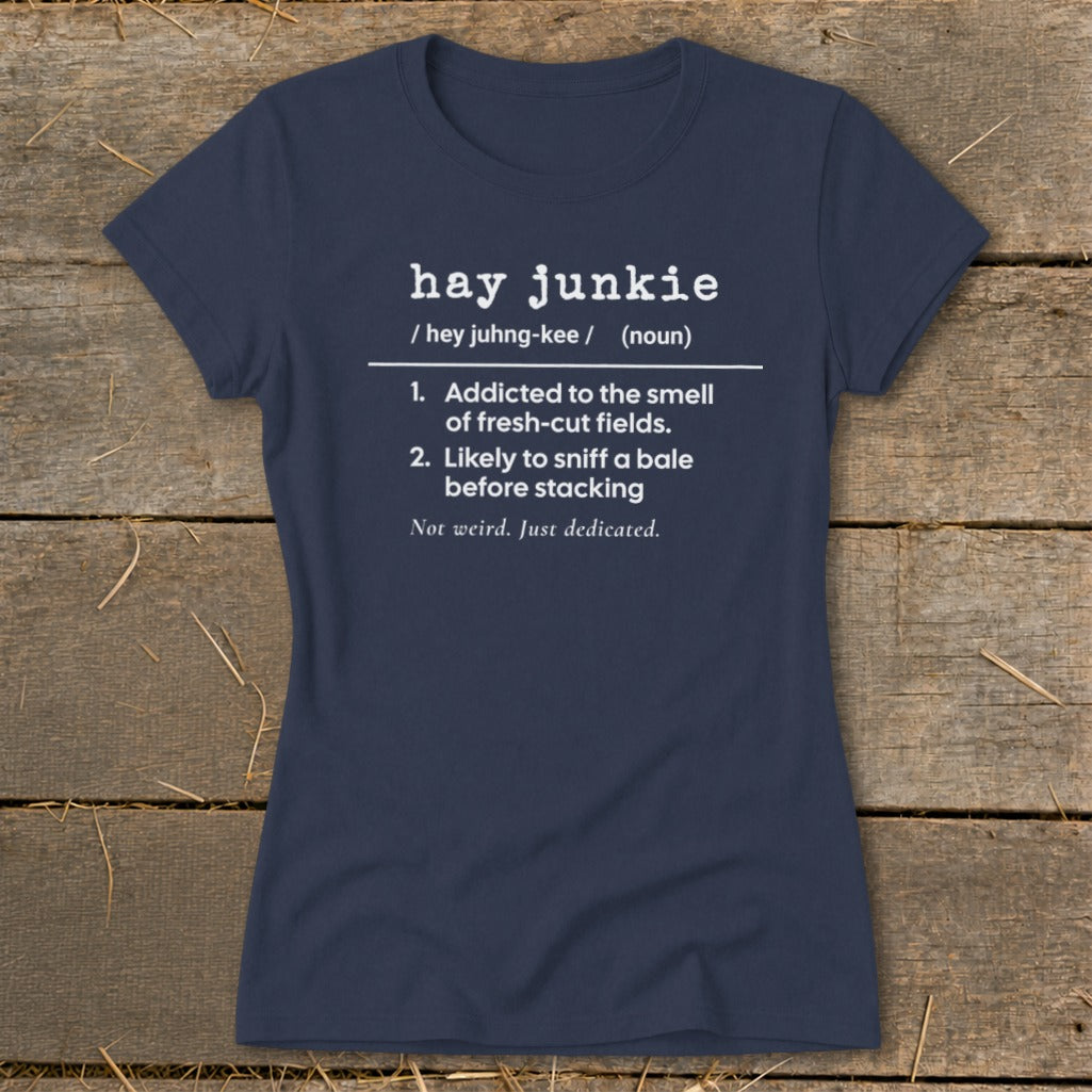Navy t-shirt with "Hay Junkie" definition, including two numbered characteristics.