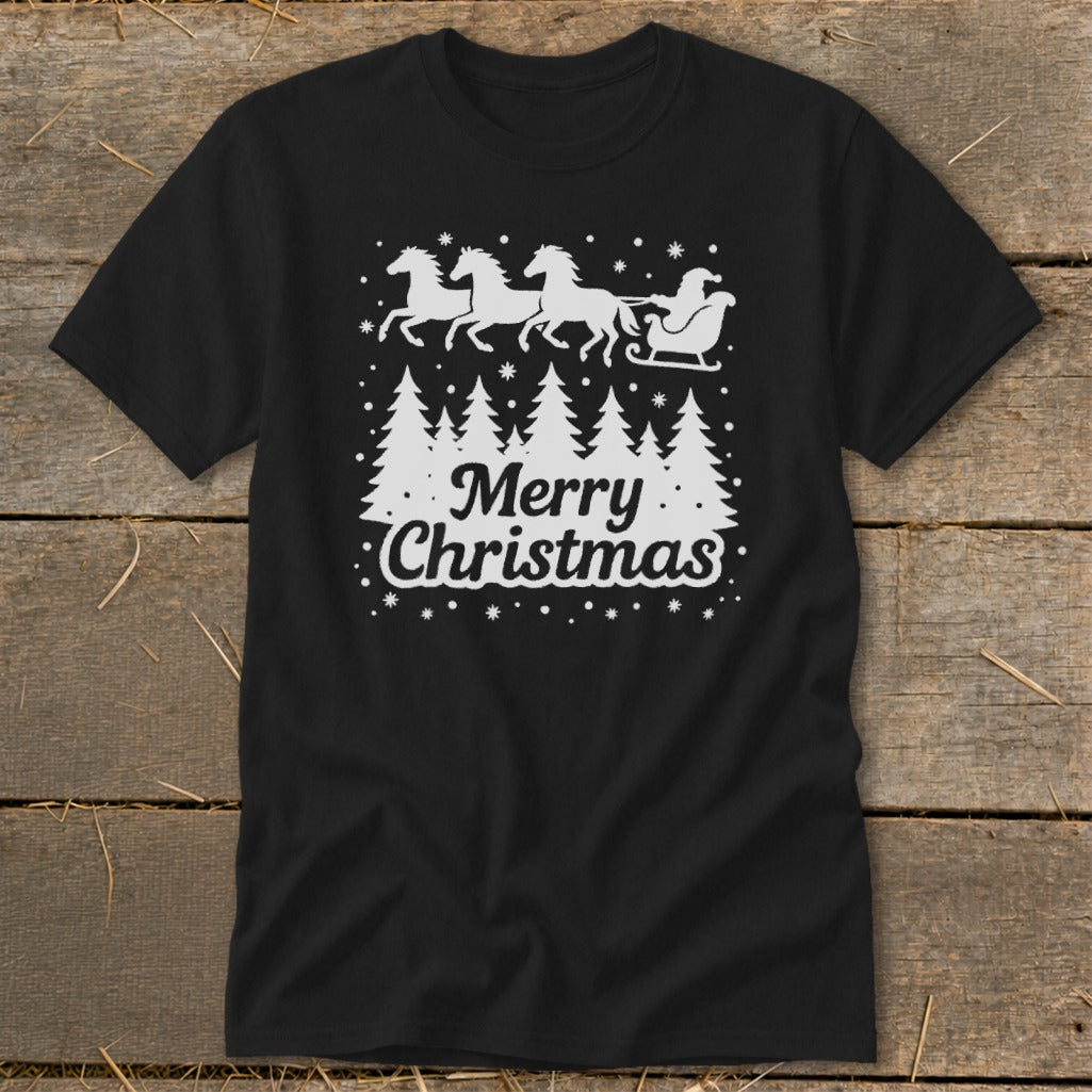 Black t-shirt with white Merry Christmas design featuring Santa's sleigh pulled by horses.