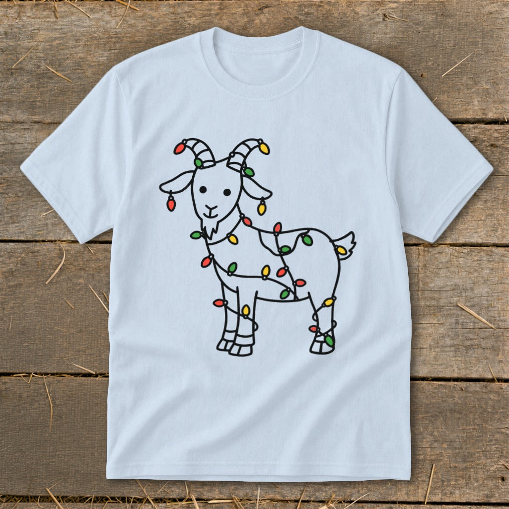 Light blue t-shirt with a black line drawing of a goat wrapped in colorful Christmas lights.