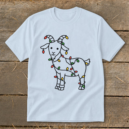 Light blue t-shirt with a black line drawing of a goat wrapped in colorful Christmas lights.