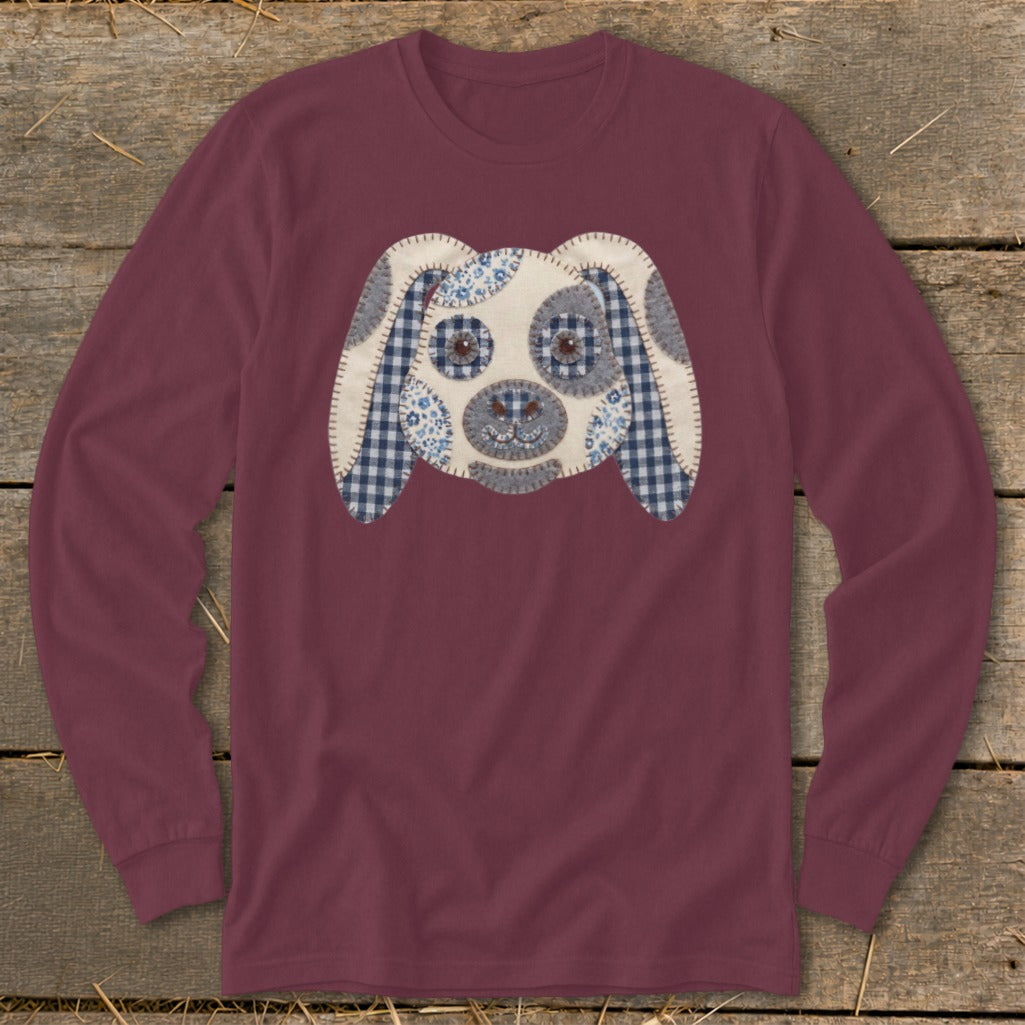 Maroon long-sleeve shirt with a patchwork dog face applique on the chest.
