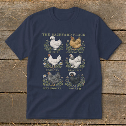 Navy t-shirt with six chicken illustrations labeled Silkie, Orpington, Leghorn, Brahma, Wyandotte, and Polish.