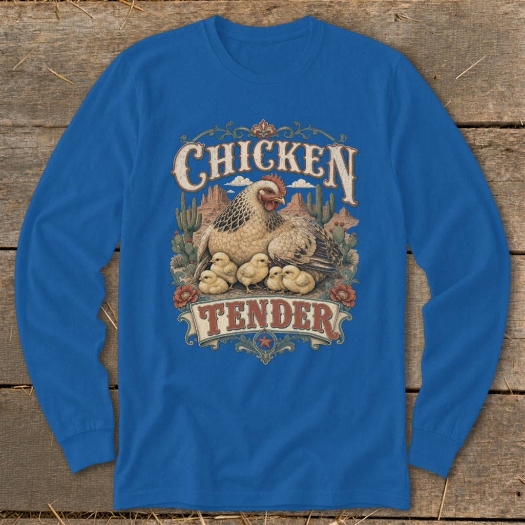 Blue long sleeve shirt with "Chicken Tender" graphic of a hen and chicks in a desert landscape.