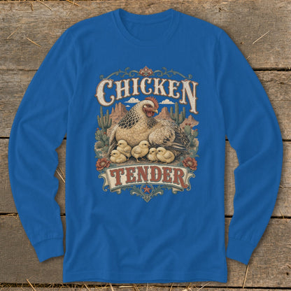 Blue long sleeve shirt with "Chicken Tender" graphic of a hen and chicks in a desert landscape.