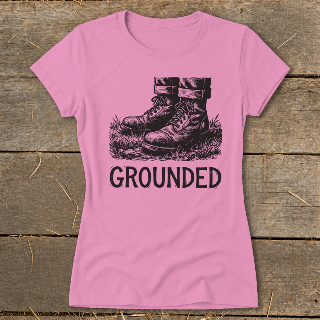 Pink t-shirt with black graphic of boots on grass and the word GROUNDED.