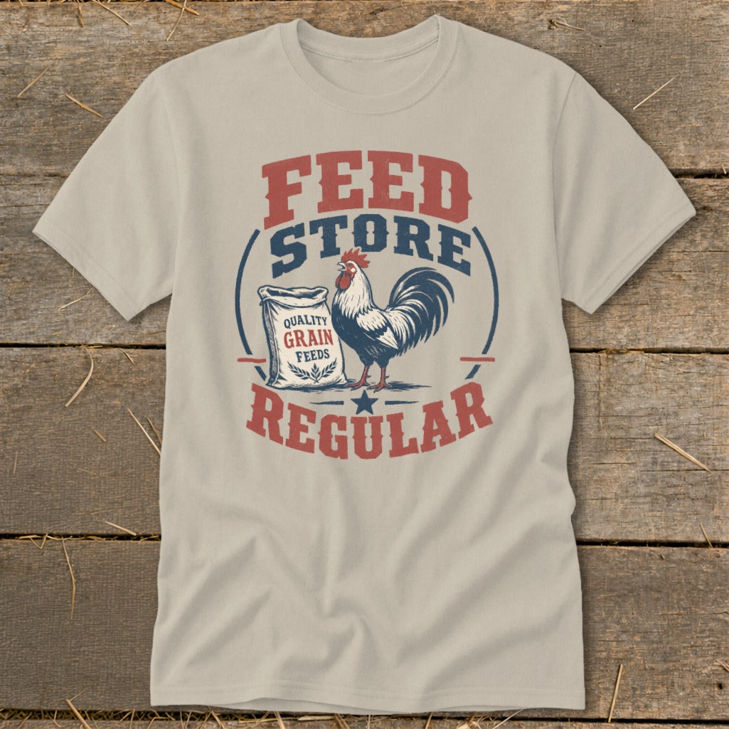 Light tan t-shirt with "FEED STORE REGULAR" text and a rooster.
