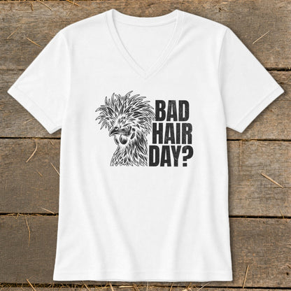 White v-neck t-shirt with black chicken graphic and text "BAD HAIR DAY?".