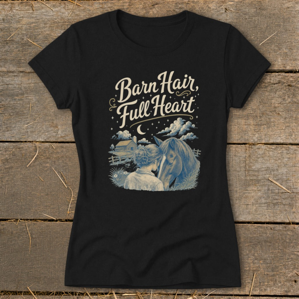 Black t-shirt with "Barn Hair, Full Heart" text and horse and girl graphic.