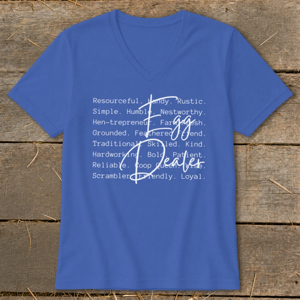 Blue v-neck t-shirt with "Egg Dealer" in script and descriptive words.