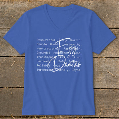 Blue v-neck t-shirt with "Egg Dealer" in script and descriptive words.