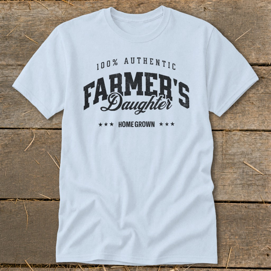 Light blue t-shirt with "100% Authentic Farmer's Daughter Home Grown" text.