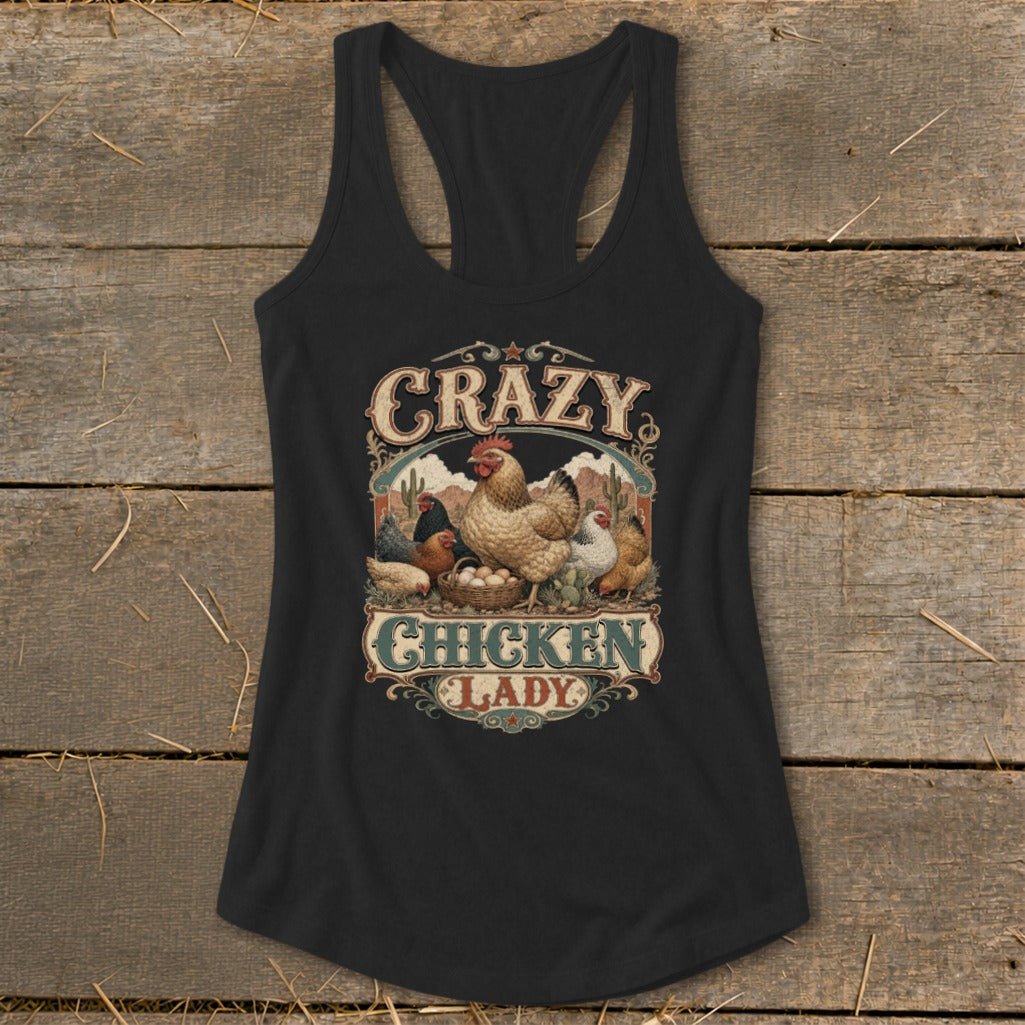 Black tank top with "Crazy Chicken Lady" graphic featuring chickens and a desert landscape.